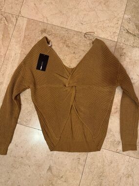 Fashion Nova Off-the-Shoulder Twist Knit Sweater - Mustard Brown